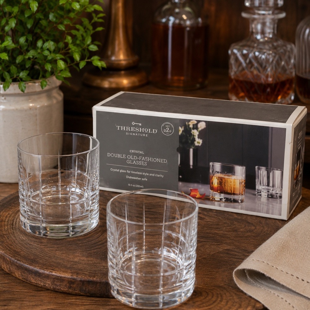 Threshold Signature Crystal Double Old-Fashioned Glasses Set 2 Clear Barware NIB